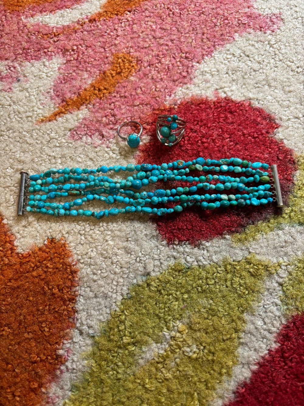 Turquoise nugget bracelet and 2 rings